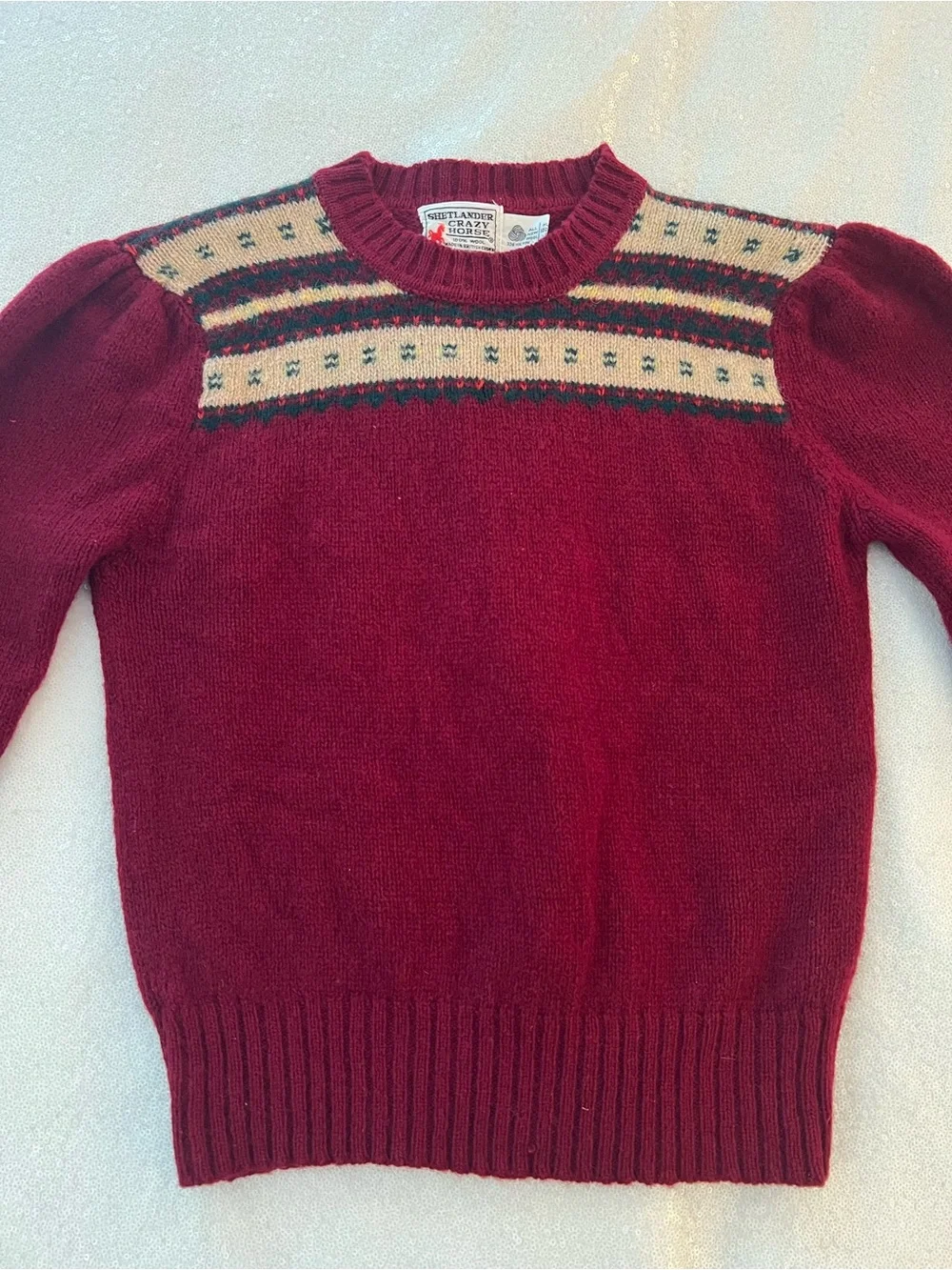 Vintage 1970s 1980s Shetland Wool Burgundy Fair Isle Sweater with Puff Sleeves